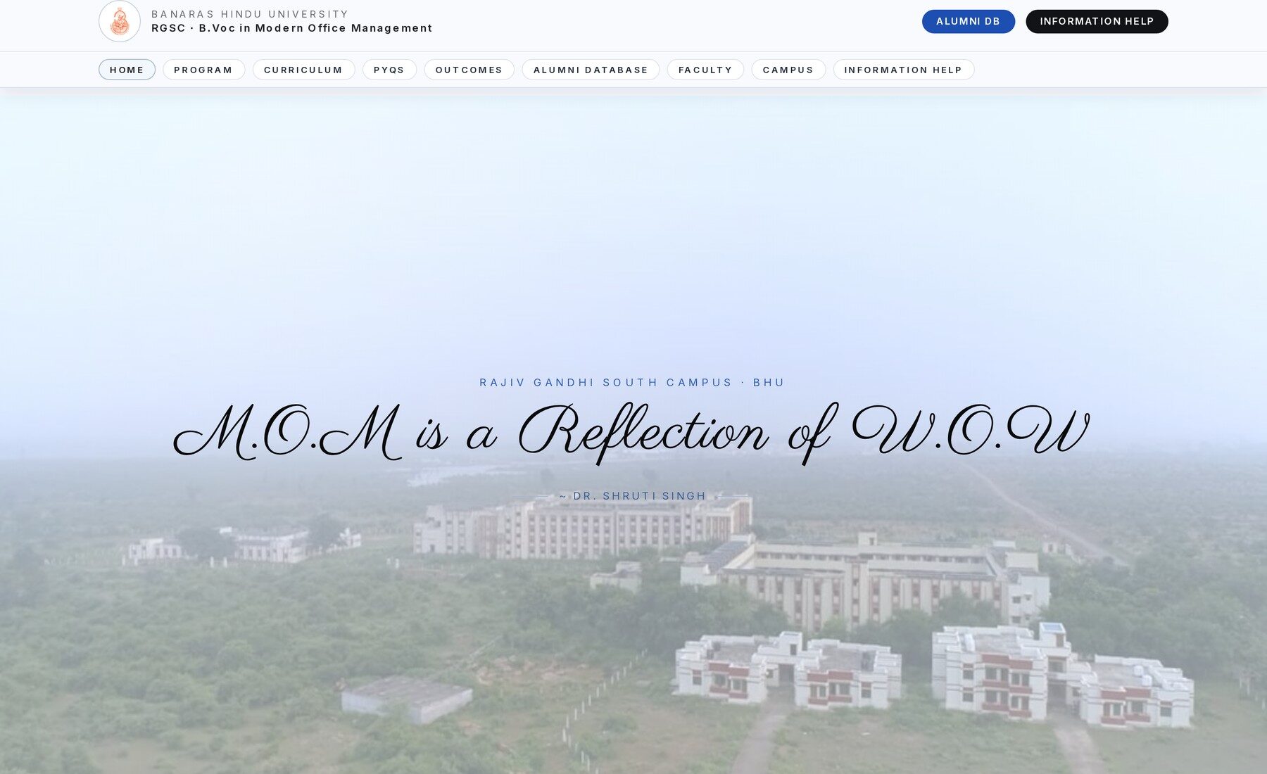Banaras Hindu University — B.Voc Modern Office Management (M.O.M) program site at RGSC: institutional editorial frames and brand system.
