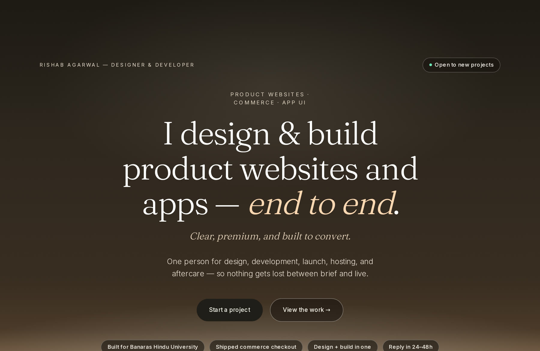Rishab Agarwal portfolio — premium freelance site with selected work and contact path.