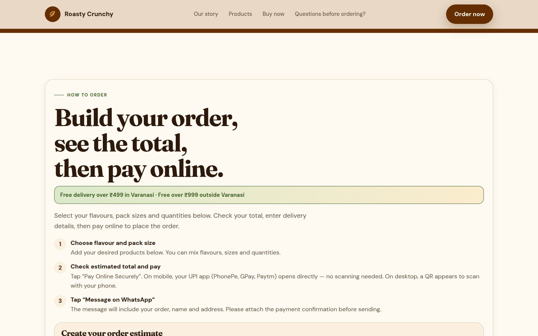 Order estimator and checkout path